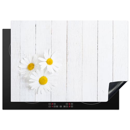 KitchenYeah© Herdabdeckplatte Einteilig Abdeckplatten Cerankochfeld Abdeckung Ceranfeld Herdplattenabdeckung Induktionsmatte Blumen - Gänseblümchen - Holz - Weiß - 75x52 cm von KitchenYeah