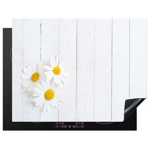 KitchenYeah© Herdabdeckplatte Einteilig Abdeckplatten Cerankochfeld Abdeckung Ceranfeld Herdplattenabdeckung Induktionsmatte Blumen - Gänseblümchen - Holz - Weiß - 77x59 cm von KitchenYeah