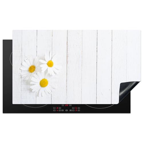KitchenYeah© Herdabdeckplatte Einteilig Abdeckplatten Cerankochfeld Abdeckung Ceranfeld Herdplattenabdeckung Induktionsmatte Blumen - Gänseblümchen - Holz - Weiß - 90x52 cm von KitchenYeah