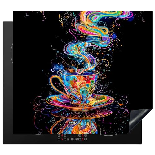 KitchenYeah© Herdabdeckplatte 57x51 cm Einteilig Abdeckplatten Cerankochfeld Abdeckung Ceranfeld Herdplattenabdeckung Induktionsmatte Kaffee - Bunt - Schwarz - Tasse von KitchenYeah