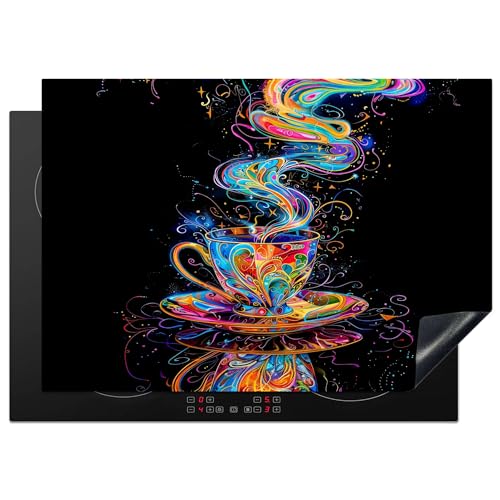 KitchenYeah© Herdabdeckplatte 75x52 cm Einteilig Abdeckplatten Cerankochfeld Abdeckung Ceranfeld Herdplattenabdeckung Induktionsmatte Kaffee - Bunt - Schwarz - Tasse von KitchenYeah