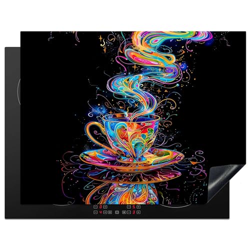 KitchenYeah© Herdabdeckplatte 77x59 cm Einteilig Abdeckplatten Cerankochfeld Abdeckung Ceranfeld Herdplattenabdeckung Induktionsmatte Kaffee - Bunt - Schwarz - Tasse von KitchenYeah