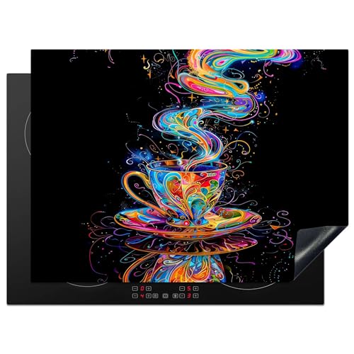 KitchenYeah© Herdabdeckplatte 71x52 cm Einteilig Abdeckplatten Cerankochfeld Abdeckung Ceranfeld Herdplattenabdeckung Induktionsmatte Kaffee - Bunt - Schwarz - Tasse von KitchenYeah