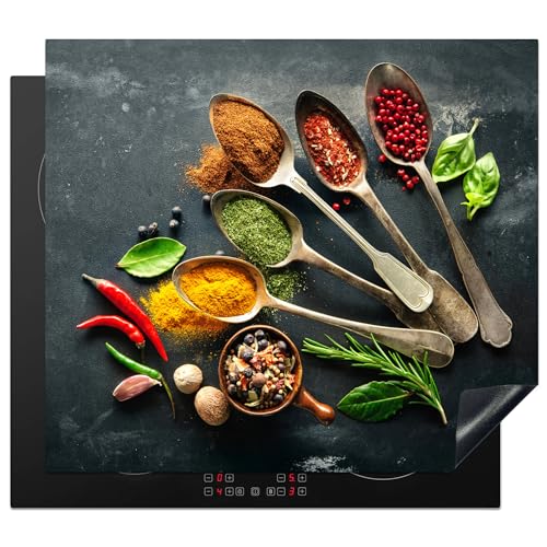 KitchenYeah© Herdabdeckplatte 59x52 cm Einteilig Abdeckplatten Cerankochfeld Abdeckung Ceranfeld Herdplattenabdeckung Induktionsmatte Kräuter - Löffel - Gewürze - Betonoptik - Grau von KitchenYeah