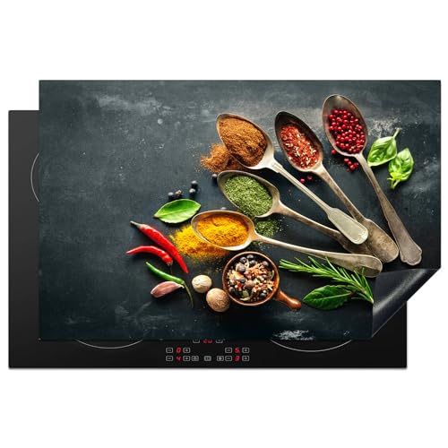 KitchenYeah© Herdabdeckplatte 80.2x52.2 cm Einteilig Abdeckplatten Cerankochfeld Abdeckung Ceranfeld Herdplattenabdeckung Induktionsmatte Kräuter - Löffel - Gewürze - Betonoptik - Grau von KitchenYeah