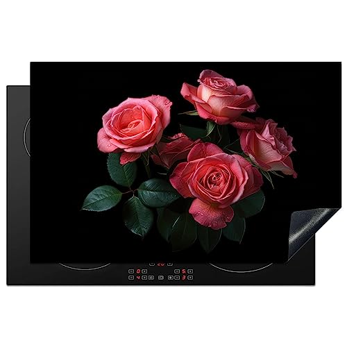 KitchenYeah© Herdabdeckplatte Einteilig Abdeckplatten Cerankochfeld Abdeckung Ceranfeld Herdplattenabdeckung Induktionsmatte Rosen - Rosa - Blumen - Natur - Schwarz - Pink - 81.6x52.7 cm von KitchenYeah