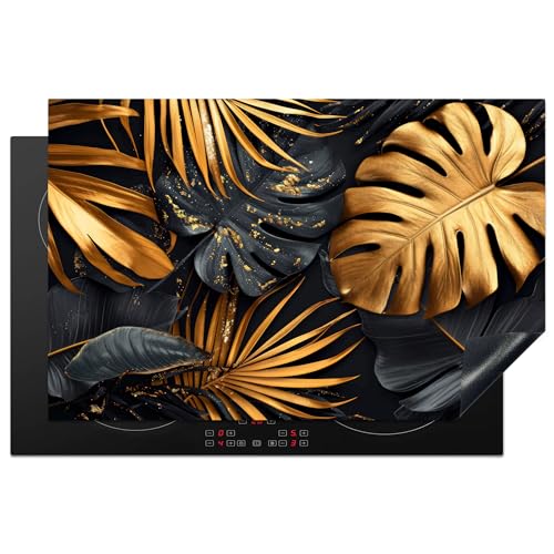 KitchenYeah© Herdabdeckplatte Einteilig Ceranfeld Abdeckplatte für Induktionsschutz Ceranfeldabdeckung Vinyl Herdabdeckplatten Blätter - Gold - Schwarz - 81.6x52.7 cm von KitchenYeah