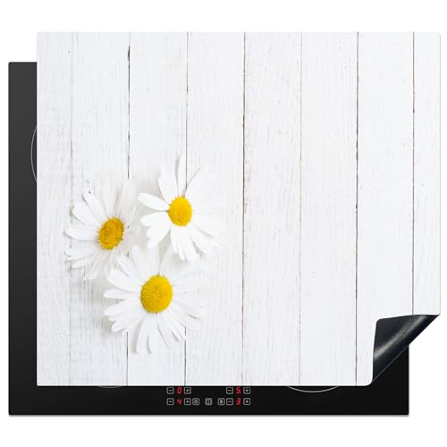 KitchenYeah© Herdabdeckplatte Einteilig Abdeckplatten Cerankochfeld Abdeckung Ceranfeld Herdplattenabdeckung Induktionsmatte Blumen - Gänseblümchen - Holz - Weiß - 59x52 cm von KitchenYeah