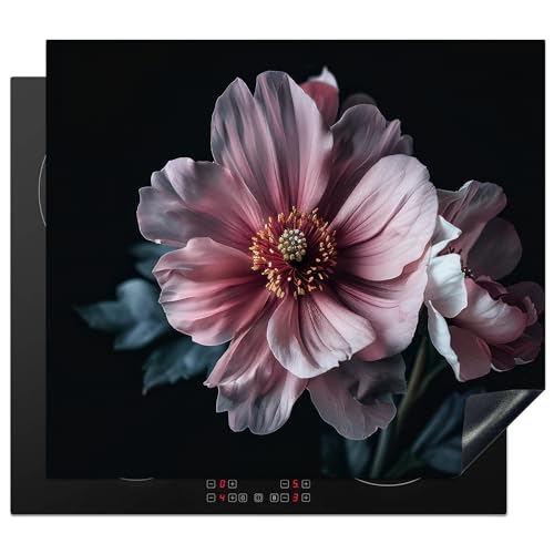 KitchenYeah© Herdabdeckplatte Einteilig Küche Herdabdeckung Induktionsfeld Ceranfeld Herdabdeckplatten Vinyl Matte Aufrollbar Blumen - Rosa - Botanisch - Schwarz - Stillleben - Natur - 60x52 cm von KitchenYeah