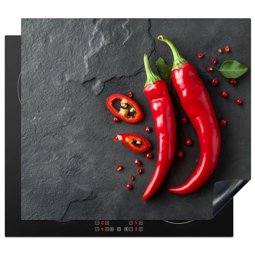 KitchenYeah© Herdabdeckplatte 59x52 cm Einteilig Ceranfeld Abdeckplatte für Induktionsschutz Ceranfeldabdeckung Vinyl Herdabdeckplatten Chilischoten - Beton - Paprika - Gemüse von KitchenYeah