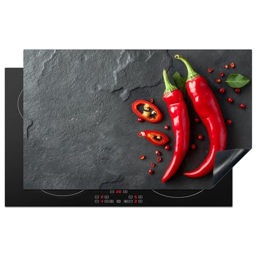 KitchenYeah© Herdabdeckplatte 85x52 cm Einteilig Ceranfeld Abdeckplatte für Induktionsschutz Ceranfeldabdeckung Vinyl Herdabdeckplatten Chilischoten - Beton - Paprika - Gemüse von KitchenYeah