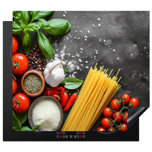 KitchenYeah© Herdabdeckplatte 57x51 cm Einteilig Ceranfeld Abdeckplatte für Induktionsschutz Ceranfeldabdeckung Vinyl Herdabdeckplatten Gemüse - Tomaten - Spaghetti - Beton - Kräuter von KitchenYeah
