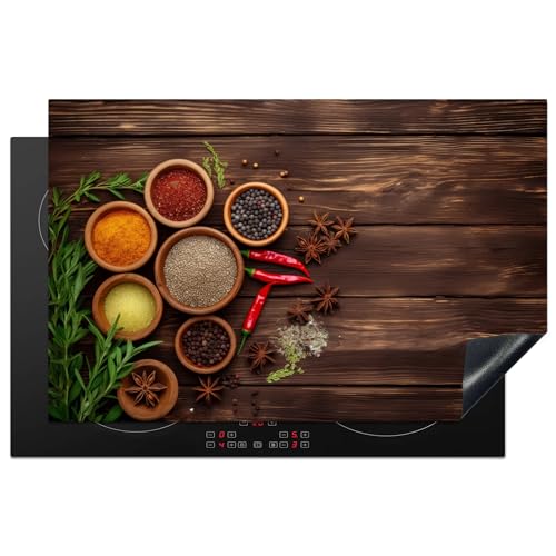 KitchenYeah© Herdabdeckplatte Einteilig Ceranfeld Abdeckplatte für Induktionsschutz Ceranfeldabdeckung Vinyl Herdabdeckplatten Kräuter - Gewürze - Roter Pfeffer - Holzdruck - Stilleben - 80x52 cm von KitchenYeah