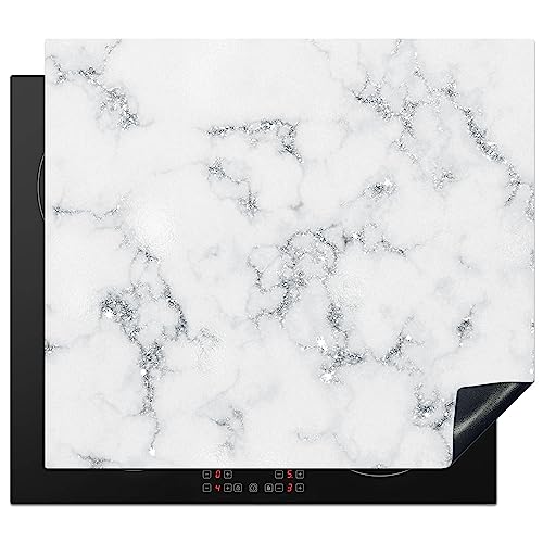KitchenYeah© Herdabdeckplatte Einteilig Ceranfeld Abdeckplatte Küche Deko Ceranfeldabdeckung Herdabdeckung Induktionsmatte Marmor - Weiß - Silber - Glitzer - Marmoroptik - Chic - 58x51 cm von KitchenYeah