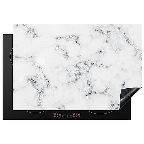 KitchenYeah© Herdabdeckplatte Einteilig Ceranfeld Abdeckplatte Induktionsschutz Küche Deko Vinyl Matte Aufrollbar Marmor - Weiß - Silber - Glitzer - Marmoroptik - Chic - 76x51 cm von KitchenYeah