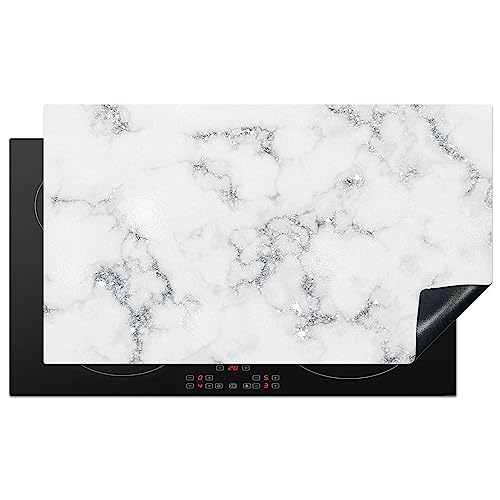 KitchenYeah© Herdabdeckplatte Einteilig Ceranfeld Abdeckplatte Induktionsschutz Küche Deko Vinyl Matte Aufrollbar Marmor - Weiß - Silber - Glitzer - Marmoroptik - Chic - 90x52 cm von KitchenYeah