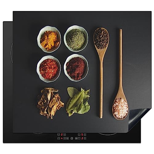 KitchenYeah© Herdabdeckplatte Einteilig Ceranfeld Abdeckplatte für Induktionsschutz Ceranfeldabdeckung Vinyl Herdabdeckplatten Schöpfkelle - Gewürze - Kräuter - Grün - Braun - Rustikal - 60x52 cm von KitchenYeah
