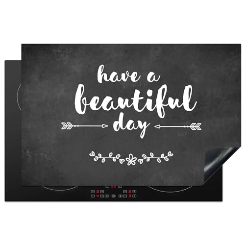 KitchenYeah© Herdabdeckplatte Einteilig Küche Herdabdeckung Induktionsfeld Ceranfeld Herdabdeckplatten Vinyl Matte Aufrollbar Zitat - Einen schönen Tag - Grau - Weiß - Betondruck - 81.6x52.7 cm von KitchenYeah