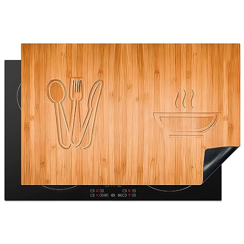 KitchenYeah© Herdabdeckplatte Einteilig Induktionsmatte Küche Abdeckung Induktionsschutzmatte Deko Vinyl Matte Aufrollbar Holz Druck - Besteck - Suppe - 80x52 cm von KitchenYeah