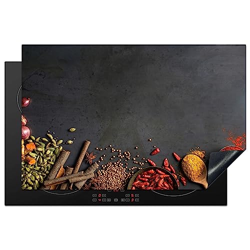 KitchenYeah© Herdabdeckplatte Einteilig Ceranfeld Abdeckplatte Küche Deko Ceranfeldabdeckung Anti Rutsch Matte Aufrollbar Kräuter - Beton - Lebensmittel - Gewürze - Schwarz - Paprika - 80.2x52.2 cm von KitchenYeah