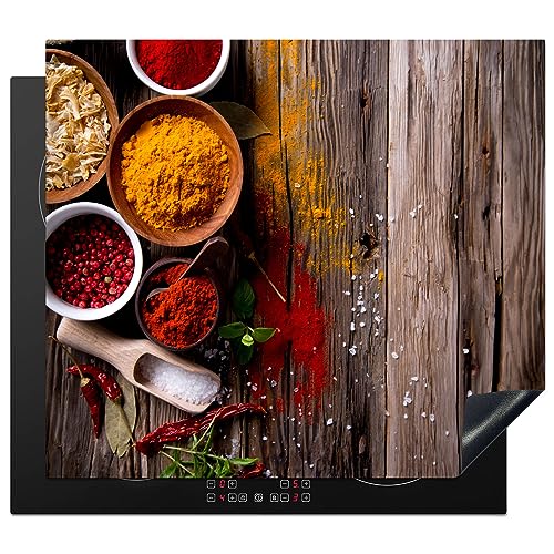 KitchenYeah© Herdabdeckplatte Einteilig Induktionsmatte Küche Abdeckung Induktionsschutzmatte Deko Vinyl Matte Aufrollbar Kräuter - Gewürze - Holz - Braun - 57x51 cm von KitchenYeah