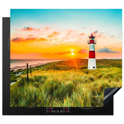 KitchenYeah© Herdabdeckplatte Einteilig Küche Abdeckplatte für Ceranfeld Abdeckung Induktionskochfeld Platte Aufrollbare Matte Leuchtturm - Sonne - Landschaft - Gras - Strand - Meer - 57x51 cm von KitchenYeah