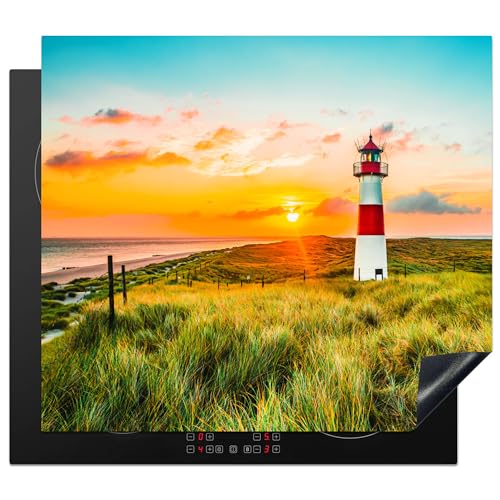 KitchenYeah© Herdabdeckplatte Einteilig Herdabdeckung Abdeckplatte für Ceranfeld Abdeckung Induktionskochfeld Aufrollbare Matte Leuchtturm - Sonne - Landschaft - Gras - Strand - Meer - 59x51 cm von KitchenYeah