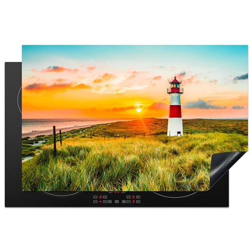 KitchenYeah© Herdabdeckplatte Einteilig Küche Abdeckplatte für Ceranfeld Abdeckung Induktionskochfeld Platte Aufrollbare Matte Leuchtturm - Sonne - Landschaft - Gras - Strand - Meer - 80.2x52.2 cm von KitchenYeah