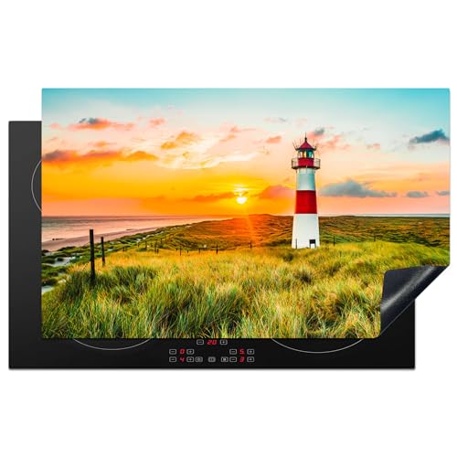 KitchenYeah© Herdabdeckplatte Einteilig Küche Abdeckplatte für Ceranfeld Abdeckung Induktionskochfeld Platte Aufrollbare Matte Leuchtturm - Sonne - Landschaft - Gras - Strand - Meer - 85x52 cm von KitchenYeah