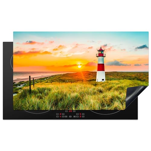 KitchenYeah© Herdabdeckplatte Einteilig Küche Abdeckplatte für Ceranfeld Abdeckung Induktionskochfeld Platte Aufrollbare Matte Leuchtturm - Sonne - Landschaft - Gras - Strand - Meer - 90x52 cm von KitchenYeah