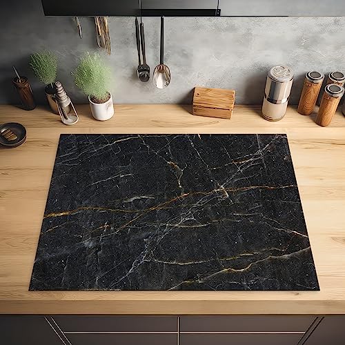 KitchenYeah© Herdabdeckplatte Einteilig Küche Herdabdeckung Induktionsfeld Ceranfeld Herdabdeckplatten Vinyl Matte Aufrollbar Marmor - Schwarz - Gold - Grau - Design - 77x59 cm von KitchenYeah