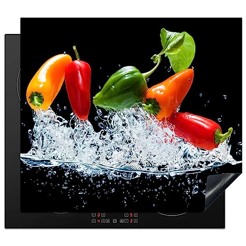 KitchenYeah© Herdabdeckplatte Einteilig Küche Herdabdeckung Induktionsfeld Ceranfeld Herdabdeckplatten Vinyl Matte Aufrollbar Pfeffer - Rot - Schwarz - Gemüse - Wasser - Blatt - Farbe - 60x52 cm von KitchenYeah