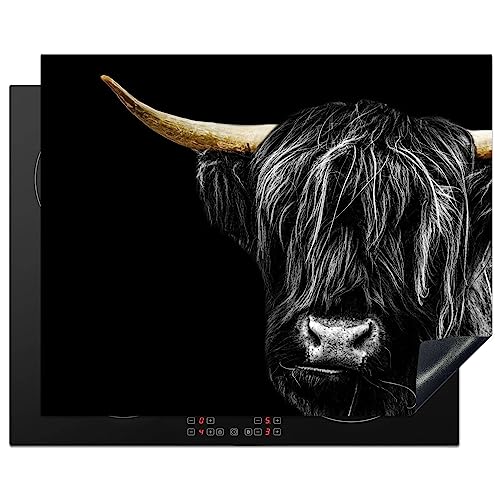 KitchenYeah© Herdabdeckplatte Einteilig Ceranfeld Abdeckplatte Küche Deko Ceranfeldabdeckung Herdabdeckung Induktionsmatte Schottisches Hochlandrind - Gold - Hörner - Fell - Tiere - Kuh - 65x52 cm von KitchenYeah