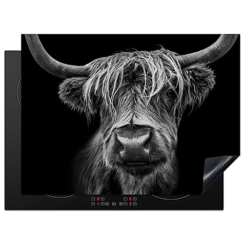 KitchenYeah© Herdabdeckplatte Einteilig Induktionsmatte Küche Abdeckung Ceranfeld Herd Abdeckplatte Vinyl Matte Aufrollbar Schottisches Hochlandrind - Kuh - Schwarz und Weiß - Tiere - 70x52 cm von KitchenYeah