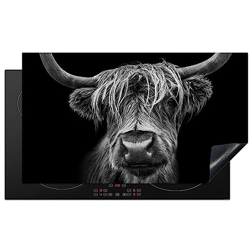 KitchenYeah© Herdabdeckplatte Einteilig Induktionsmatte Küche Abdeckung Ceranfeld Herd Abdeckplatte Vinyl Matte Aufrollbar Schottisches Hochlandrind - Kuh - Schwarz und Weiß - Tiere - 91.2x52 cm von KitchenYeah
