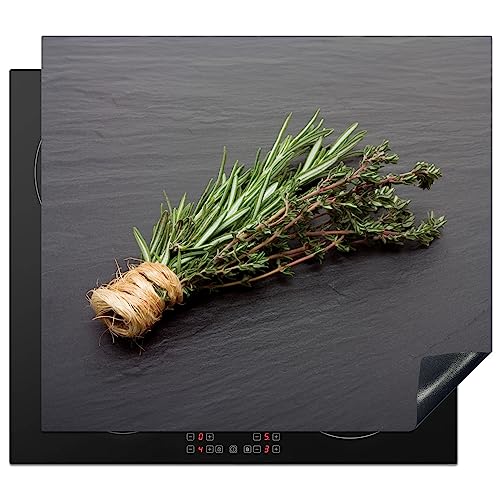 KitchenYeah© Herdabdeckplatte Einteilig Ceranfeld Abdeckplatte Küche Deko Ceranfeldabdeckung Herdabdeckung Induktionsmatte Thymian - Kräuter - Grün - Tisch - Stein - 60x52 cm von KitchenYeah