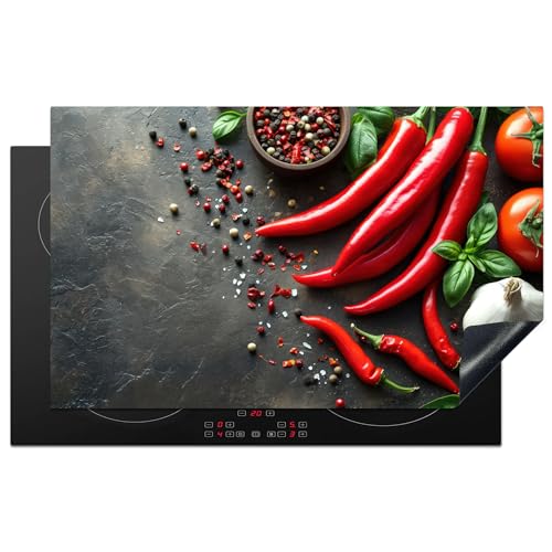 KitchenYeah© Herdabdeckplatte Einteilig Küche Herdabdeckung Induktionsfeld Ceranfeld Herdabdeckplatten Vinyl Matte Aufrollbar Gemüse - Paprika Beton - 85x52 cm von KitchenYeah