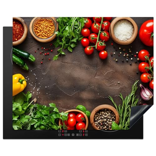 KitchenYeah© Herdabdeckplatte 65x52 cm Einteilig Ceranfeld Abdeckplatte Küche Deko Ceranfeldabdeckung Herdabdeckung Induktionsmatte Gemüse - Tomaten - Beton - Kräuter von KitchenYeah