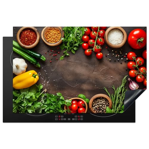 KitchenYeah© Herdabdeckplatte 80.2x52.2 cm Einteilig Ceranfeld Abdeckplatte Küche Deko Ceranfeldabdeckung Herdabdeckung Induktionsmatte Gemüse - Tomaten - Beton - Kräuter von KitchenYeah