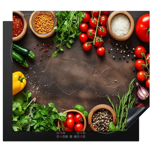 KitchenYeah© Herdabdeckplatte 57x51 cm Einteilig Ceranfeld Abdeckplatte Küche Deko Ceranfeldabdeckung Herdabdeckung Induktionsmatte Gemüse - Tomaten - Beton - Kräuter von KitchenYeah