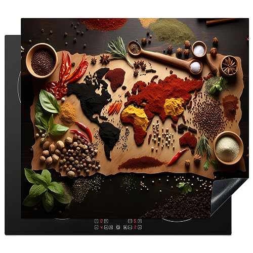 KitchenYeah© Herdabdeckplatte Induktion Schutzmatte Küche Herdabdeckung Ceranfeld Induktionsmatte Cerankochfeld Abdeckung Kräuter - Gewürze - Weltkarte - Braun - Löffel - Küche - 59x52 cm von KitchenYeah