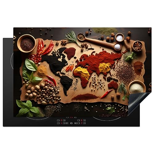 KitchenYeah© Herdabdeckplatte Induktion Schutzmatte Küche Herdabdeckung Ceranfeld Induktionsmatte Cerankochfeld Abdeckung Kräuter - Gewürze - Weltkarte - Braun - Löffel - Küche - 81x52 cm von KitchenYeah