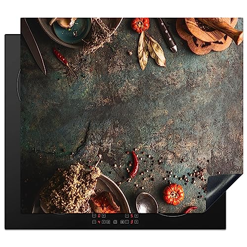KitchenYeah© Herdabdeckplatte Einteilig Ceranfeld Abdeckplatte Küche Deko Ceranfeldabdeckung Herdabdeckung Induktionsmatte Marmor - Gemüse - Herbst - Kürbis - Rustikal - Gewürze - 57x51 cm von KitchenYeah