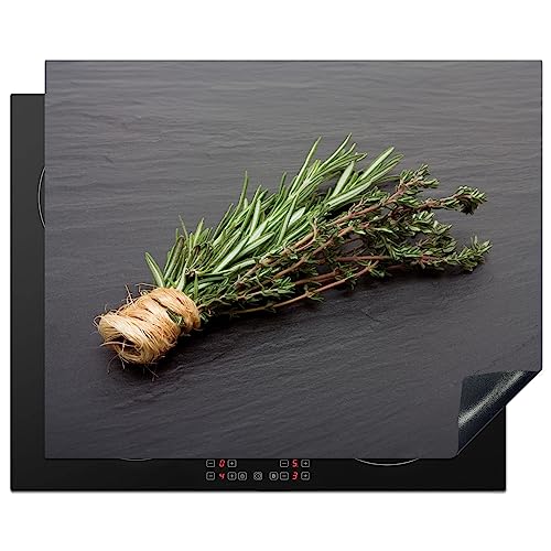 KitchenYeah© Herdabdeckplatte Einteilig Ceranfeld Abdeckplatte Küche Deko Ceranfeldabdeckung Herdabdeckung Induktionsmatte Thymian - Kräuter - Grün - Tisch - Stein - 65x52 cm von KitchenYeah