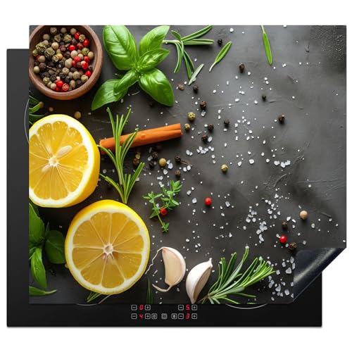 KitchenYeah© Herdabdeckplatte 59x52 cm Einteilig Ceranfeld Abdeckplatte Küche Deko Ceranfeldabdeckung Herdabdeckung Induktionsmatte Zitrone - Beton - Pfeffer - Kräuter - Obst von KitchenYeah