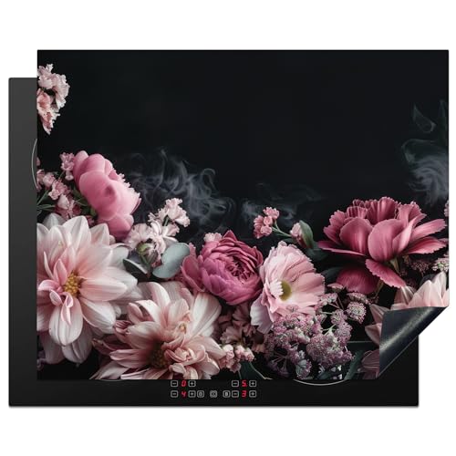 KitchenYeah© Herdabdeckplatte Einteilig Ceranfeld Abdeckplatte Küche Deko Ceranfeldabdeckung Herdabdeckung Induktionsmatte Blumen - Rosa - Natur - Schwarz - 65x52 cm von KitchenYeah