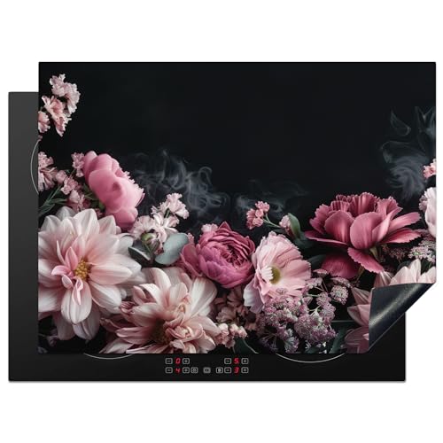 KitchenYeah© Herdabdeckplatte Einteilig Ceranfeld Abdeckplatte Küche Deko Ceranfeldabdeckung Herdabdeckung Induktionsmatte Blumen - Rosa - Natur - Schwarz - 71x52 cm von KitchenYeah