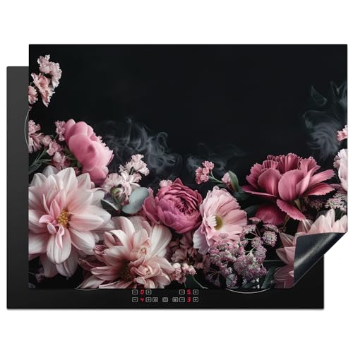 KitchenYeah© Herdabdeckplatte Einteilig Ceranfeld Abdeckplatte Küche Deko Ceranfeldabdeckung Herdabdeckung Induktionsmatte Blumen - Rosa - Natur - Schwarz - 77x59 cm von KitchenYeah