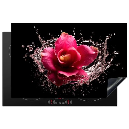 KitchenYeah© Herdabdeckplatte Einteilig Ceranfeld Abdeckplatte Küche Deko Ceranfeldabdeckung Herdabdeckung Induktionsmatte Blumen - Rosa - Wasser - Schwarz - Botanisch - Natur - 81x52 cm von KitchenYeah
