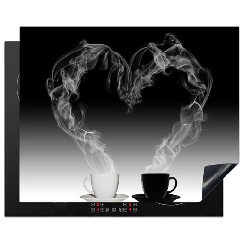 KitchenYeah© Herdabdeckplatte Einteilig Ceranfeld Abdeckplatte Küche Deko Ceranfeldabdeckung Herdabdeckung Induktionsmatte Kaffee - Herz - Schwarz-Weiß - Stilleben - 65x52 cm von KitchenYeah